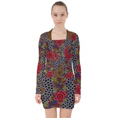 Aboriginal Art - Meeting Places V-neck Bodycon Long Sleeve Dress by hogartharts