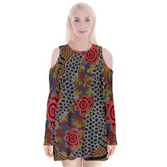 Aboriginal Art - Meeting Places Velvet Long Sleeve Shoulder Cutout Dress