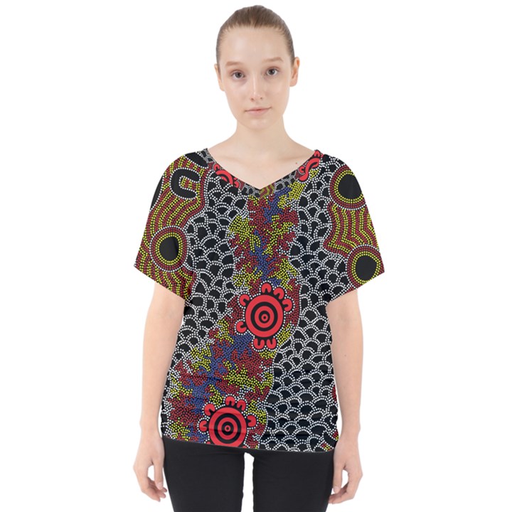 Aboriginal Art - Meeting Places V-Neck Dolman Drape Top