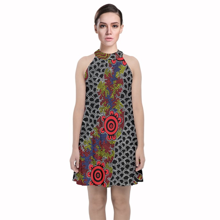 Aboriginal Art - Meeting Places Velvet Halter Neckline Dress 