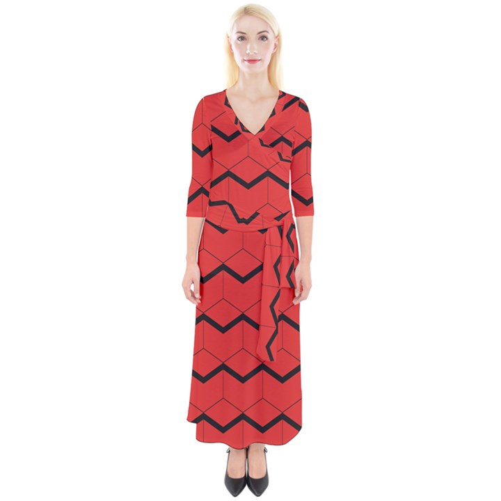 red box pattern Quarter Sleeve Wrap Maxi Dress