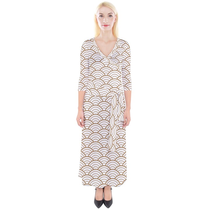 art deco,japanese fan pattern, gold,white,vintage,chic,elegant,beautiful,shell pattern, modern,trendy Quarter Sleeve Wrap Maxi Dress