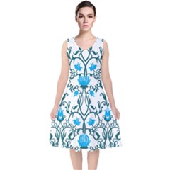 Art Nouveau, Art Deco, Floral,vintage,blue,green,white,beautiful,elegant,chic,modern,trendy,belle Époque V-neck Midi Sleeveless Dress 