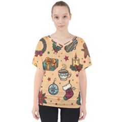 Cute Vintage Christmas Pattern V-neck Dolman Drape Top