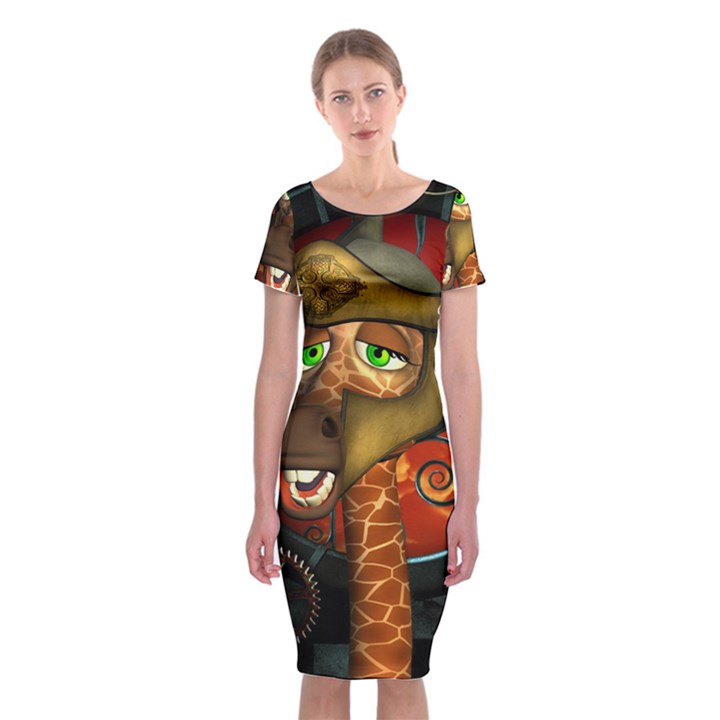 Funny Giraffe With Helmet Classic Short Sleeve Midi Dress