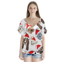 Christmas Puppies V-neck Flutter Sleeve Top by allthingseveryone