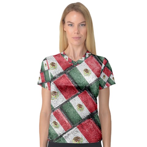 Mexican Flag Pattern Design V-neck Sport Mesh Tee by dflcprints