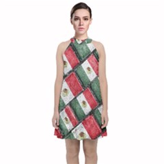 Mexican Flag Pattern Design Velvet Halter Neckline Dress 