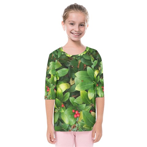 Christmas Season Floral Green Red Skimmia Flower Kids  Quarter Sleeve Raglan Tee by yoursparklingshop