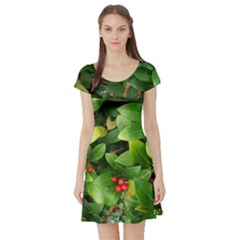 Christmas Season Floral Green Red Skimmia Flower Short Sleeve Skater Dress by yoursparklingshop