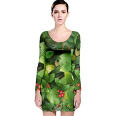 Christmas Season Floral Green Red Skimmia Flower Long Sleeve Velvet Bodycon Dress