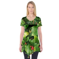 Christmas Season Floral Green Red Skimmia Flower Short Sleeve Tunic  by yoursparklingshop