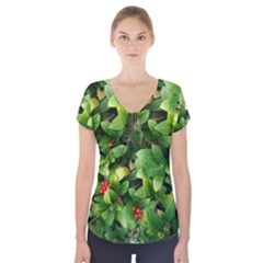 Christmas Season Floral Green Red Skimmia Flower Short Sleeve Front Detail Top by yoursparklingshop