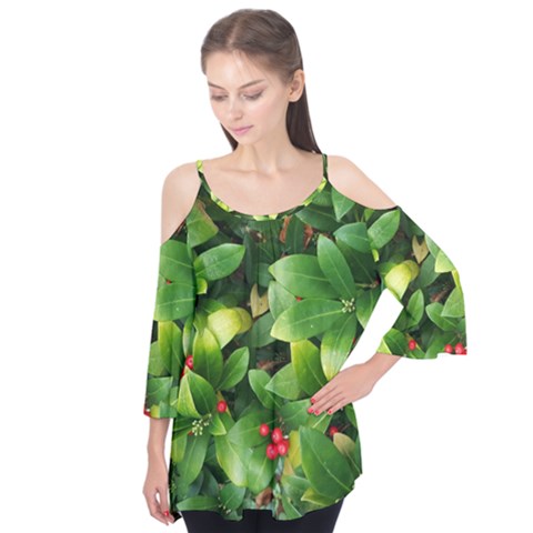 Christmas Season Floral Green Red Skimmia Flower Flutter Tees by yoursparklingshop