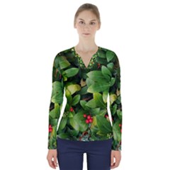 Christmas Season Floral Green Red Skimmia Flower V-neck Long Sleeve Top by yoursparklingshop