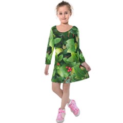 Christmas Season Floral Green Red Skimmia Flower Kids  Long Sleeve Velvet Dress by yoursparklingshop