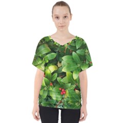 Christmas Season Floral Green Red Skimmia Flower V-neck Dolman Drape Top by yoursparklingshop