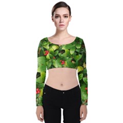 Christmas Season Floral Green Red Skimmia Flower Velvet Long Sleeve Crop Top by yoursparklingshop