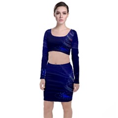 Christmas Tree Blue Stars Starry Night Lights Festive Elegant Long Sleeve Crop Top & Bodycon Skirt Set