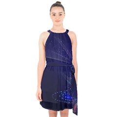 Christmas Tree Blue Stars Starry Night Lights Festive Elegant Halter Collar Waist Tie Chiffon Dress by yoursparklingshop