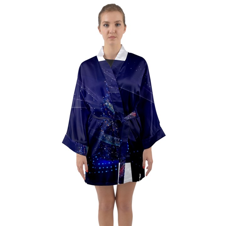 Christmas Tree Blue Stars Starry Night Lights Festive Elegant Long Sleeve Kimono Robe