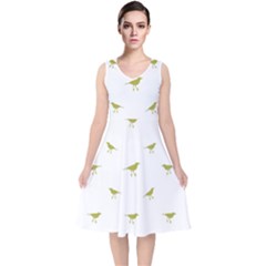 Birds Motif Pattern V-neck Midi Sleeveless Dress 