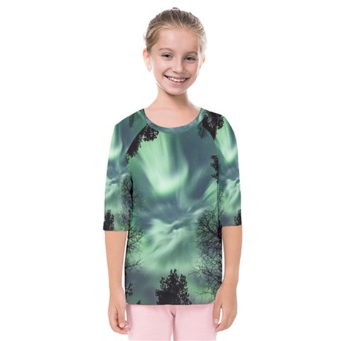 Northern Lights In The Forest Kids  Quarter Sleeve Raglan Tee by Ucco