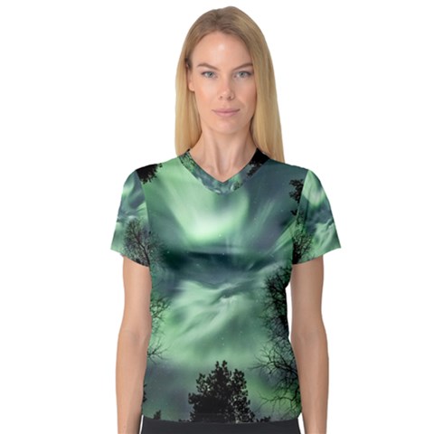 Northern Lights In The Forest V-neck Sport Mesh Tee by Ucco