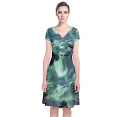 Northern Lights In The Forest Short Sleeve Front Wrap Dress by Ucco