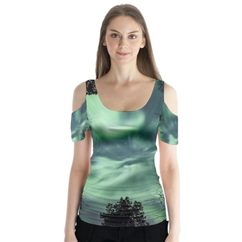 Northern Lights In The Forest Butterfly Sleeve Cutout Tee  by Ucco