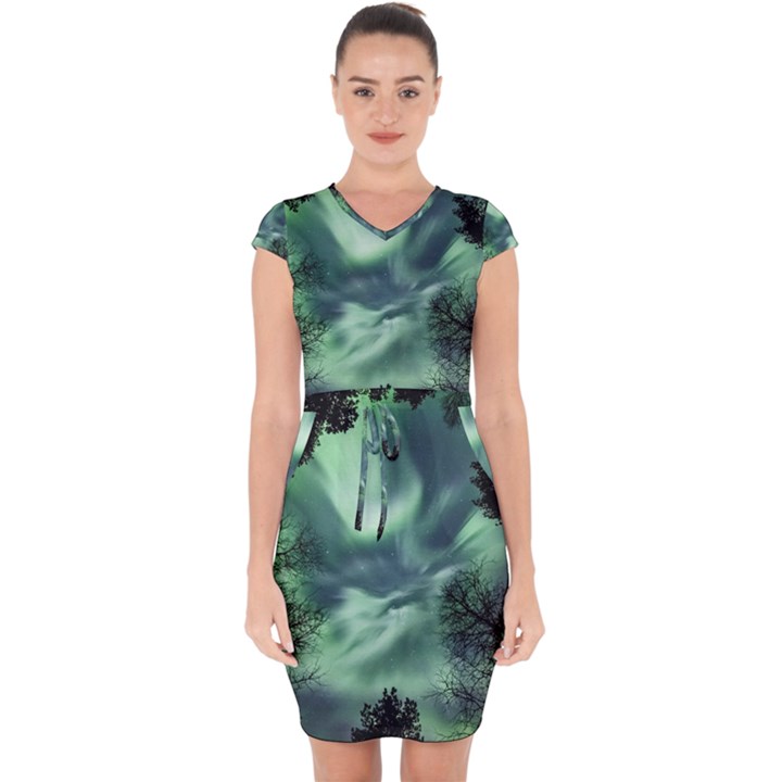 Northern lights in the forest Capsleeve Drawstring Dress 