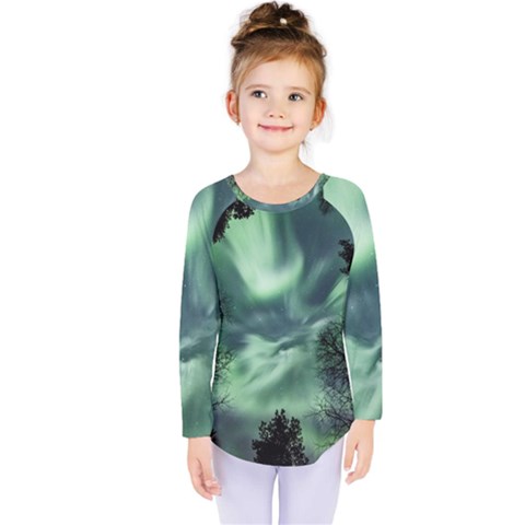 Northern Lights In The Forest Kids  Long Sleeve Tee by Ucco