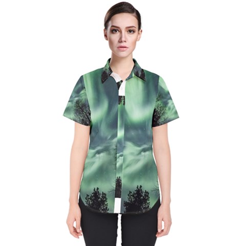 Northern Lights In The Forest Women s Short Sleeve Shirt by Ucco