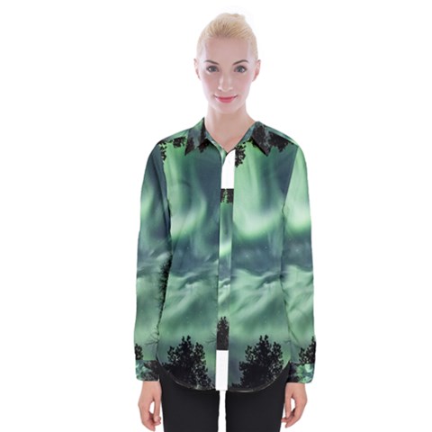 Northern Lights In The Forest Womens Long Sleeve Shirt by Ucco