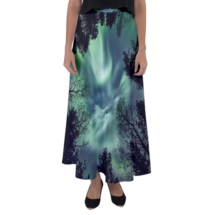 Northern lights in the forest Flared Maxi Skirt