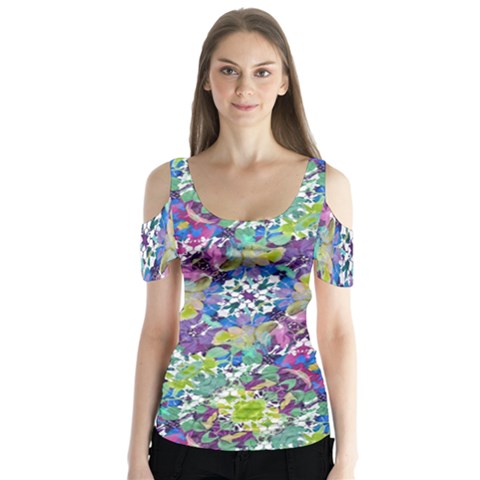 Colorful Modern Floral Print Butterfly Sleeve Cutout Tee  by dflcprints