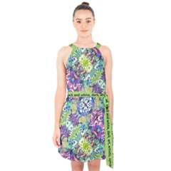 Colorful Modern Floral Print Halter Collar Waist Tie Chiffon Dress by dflcprints