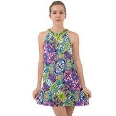 Colorful Modern Floral Print Halter Tie Back Chiffon Dress