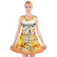 Happy Thanksgiving With Pumpkin V-neck Sleeveless Skater Dress by FantasyWorld7