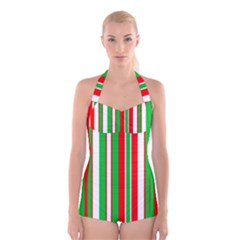 Christmas Holiday Stripes Red Boyleg Halter Swimsuit  by Celenk