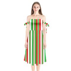 Christmas Holiday Stripes Red Shoulder Tie Bardot Midi Dress