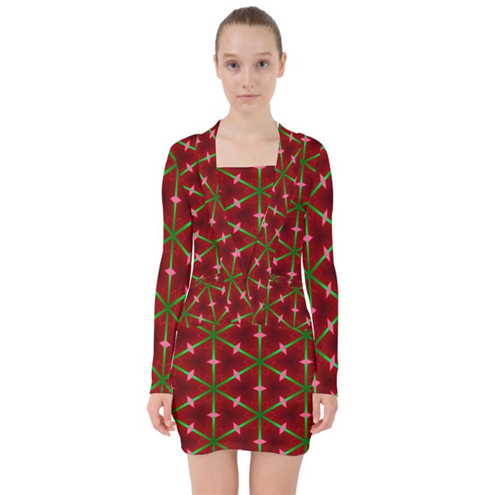 Textured Background Christmas Pattern V-neck Bodycon Long Sleeve Dress