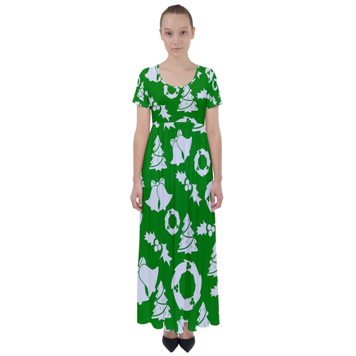 Green White Backdrop Background Card Christmas High Waist Short Sleeve Maxi Dress