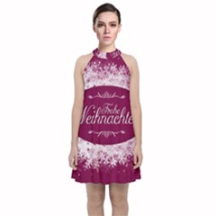 Christmas Card Red Snowflakes Velvet Halter Neckline Dress 