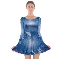 Snowflakes Background Blue Snowy Long Sleeve Skater Dress by Celenk