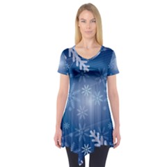 Snowflakes Background Blue Snowy Short Sleeve Tunic  by Celenk