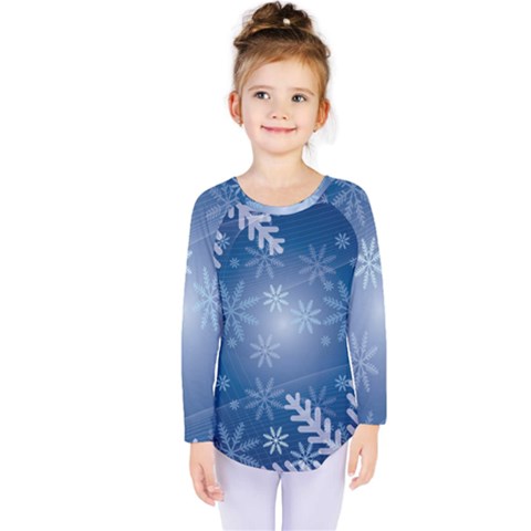 Snowflakes Background Blue Snowy Kids  Long Sleeve Tee by Celenk