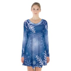 Snowflakes Background Blue Snowy Long Sleeve Velvet V-neck Dress by Celenk