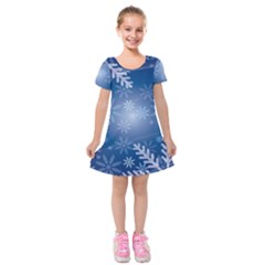 Snowflakes Background Blue Snowy Kids  Short Sleeve Velvet Dress by Celenk