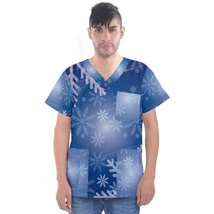 Snowflakes Background Blue Snowy Men s V-Neck Scrub Top